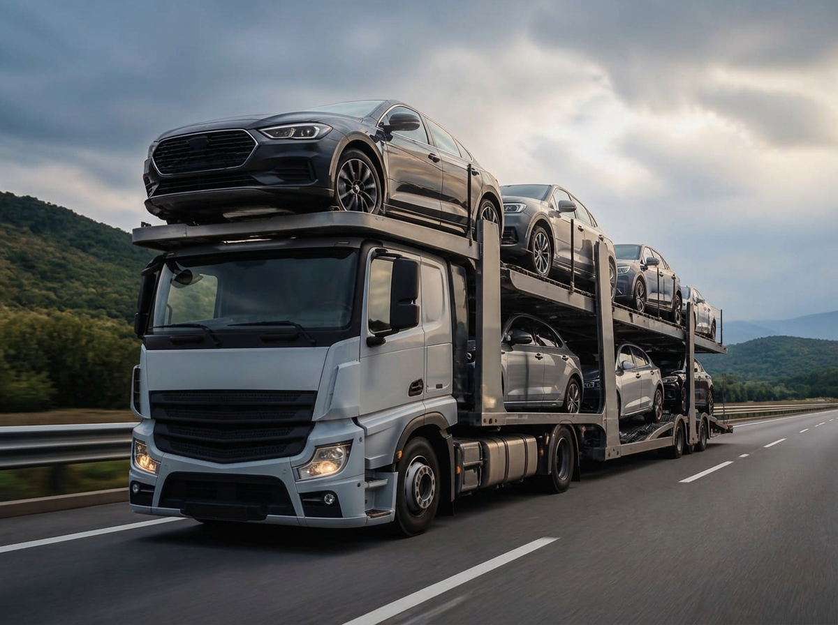 Camión portacoches transportando vehículos por Europa